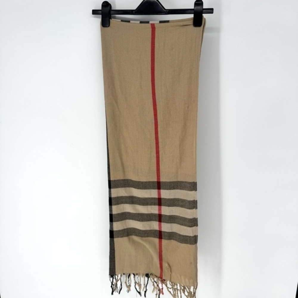 Plaid pattern designer inspired  Tan white and Red Striped fringe Scarf